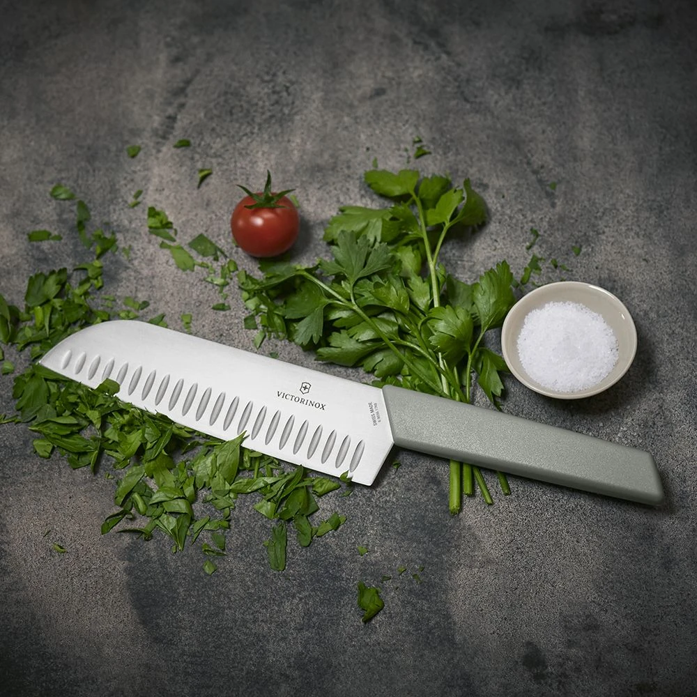 Victorinox Swiss Modern Colour 17cm Fluted Santoku Knife - Olive Green (6905617K6B) - Image 2