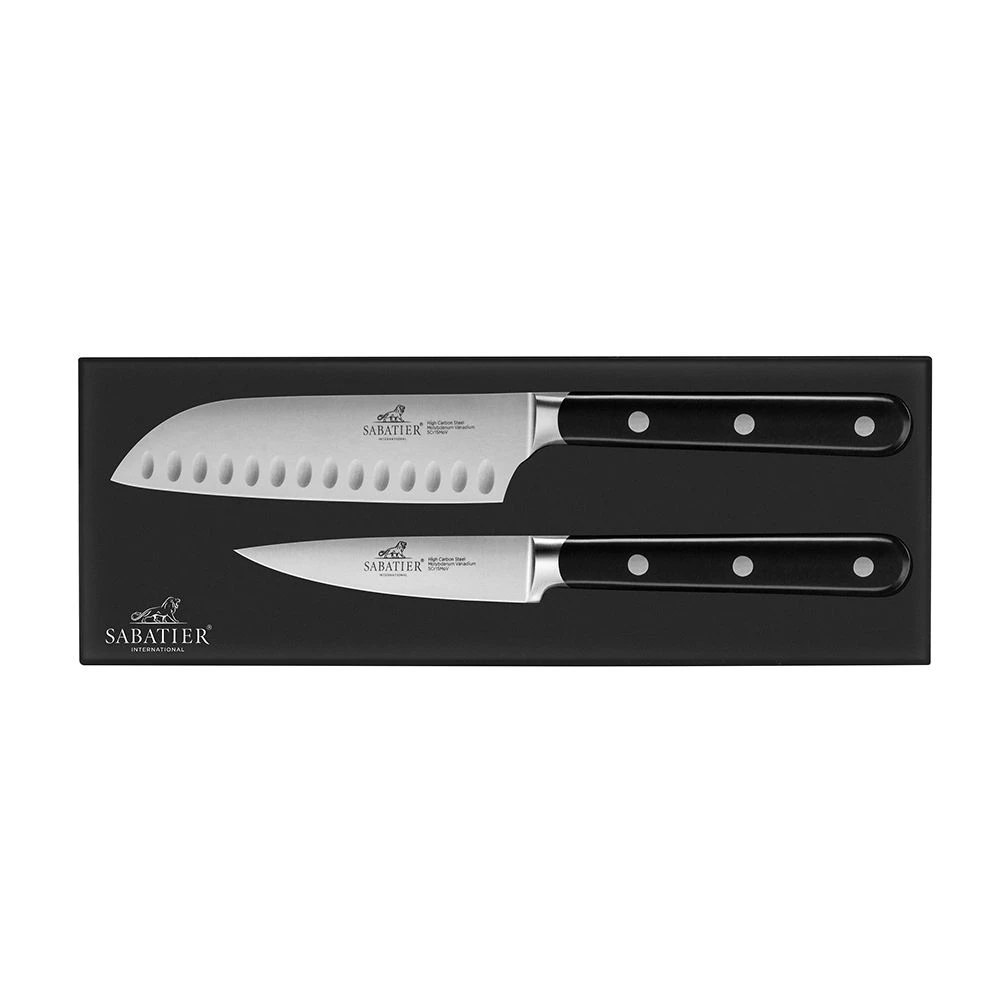 Lion SabatierĀ® Egide 2 Piece Knife Set - 9cm Paring & 13cm Santoku Knife (Black Handle With Stainless Steel Rivets) - Image 6