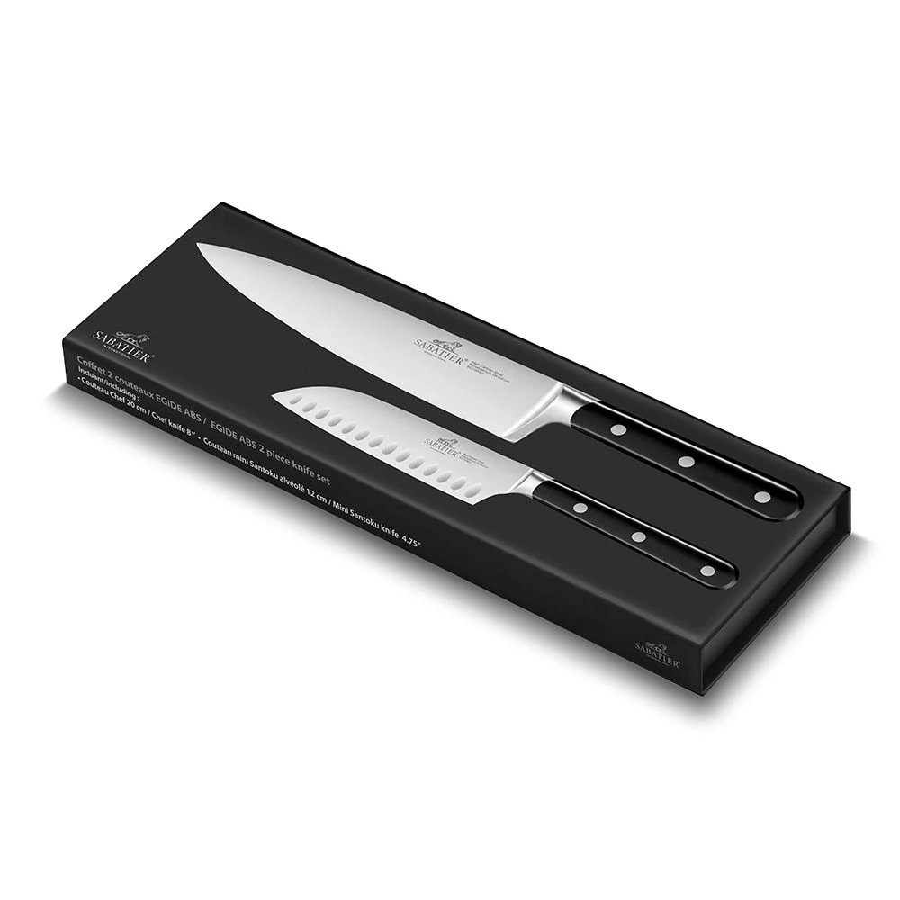 Lion SabatierĀ® Egide 2 Piece Knife Set - 13cm Santoku & 20cm Cooks Knife (Black Handle With Stainless Steel Rivets) - Image 4