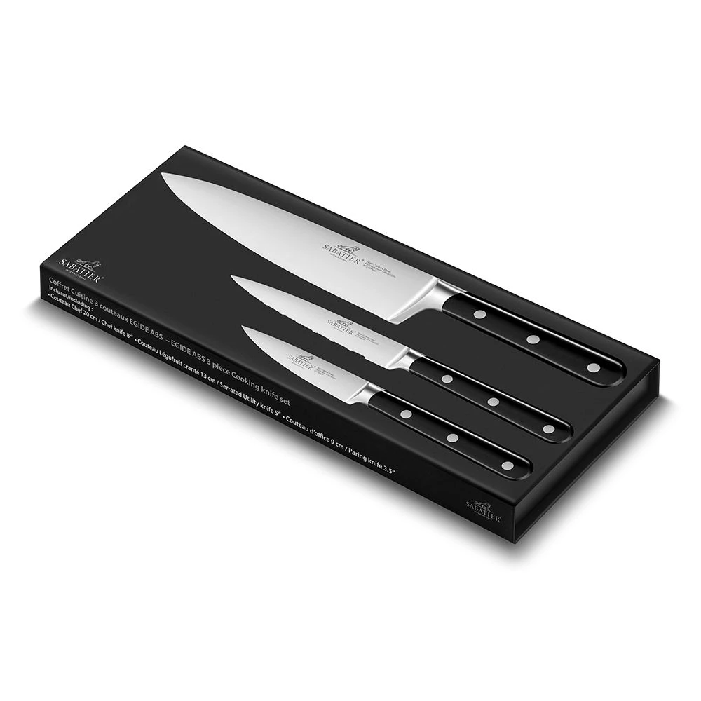 Lion SabatierĀ® Egide 3 Piece Knife Set - 10cm Paring, 13cm Utility & 20cm Cooks Knife (Black Handle With Stainless Steel Rivets) - Image 4