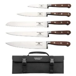 Rockingham Forge Pro Wood Series 5 Piece Set With Roll (9cm Paring Knife, 13cm Utility, 20cm Cooks Knife 20cm Bread & 20cm Carving Knife)