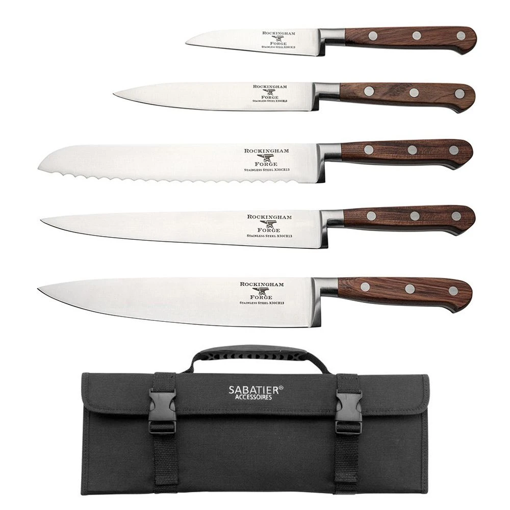 Rockingham Forge Pro Wood Series 5 Piece Set With Roll (9cm Paring Knife, 13cm Utility, 20cm Cooks Knife 20cm Bread & 20cm Carving Knife)