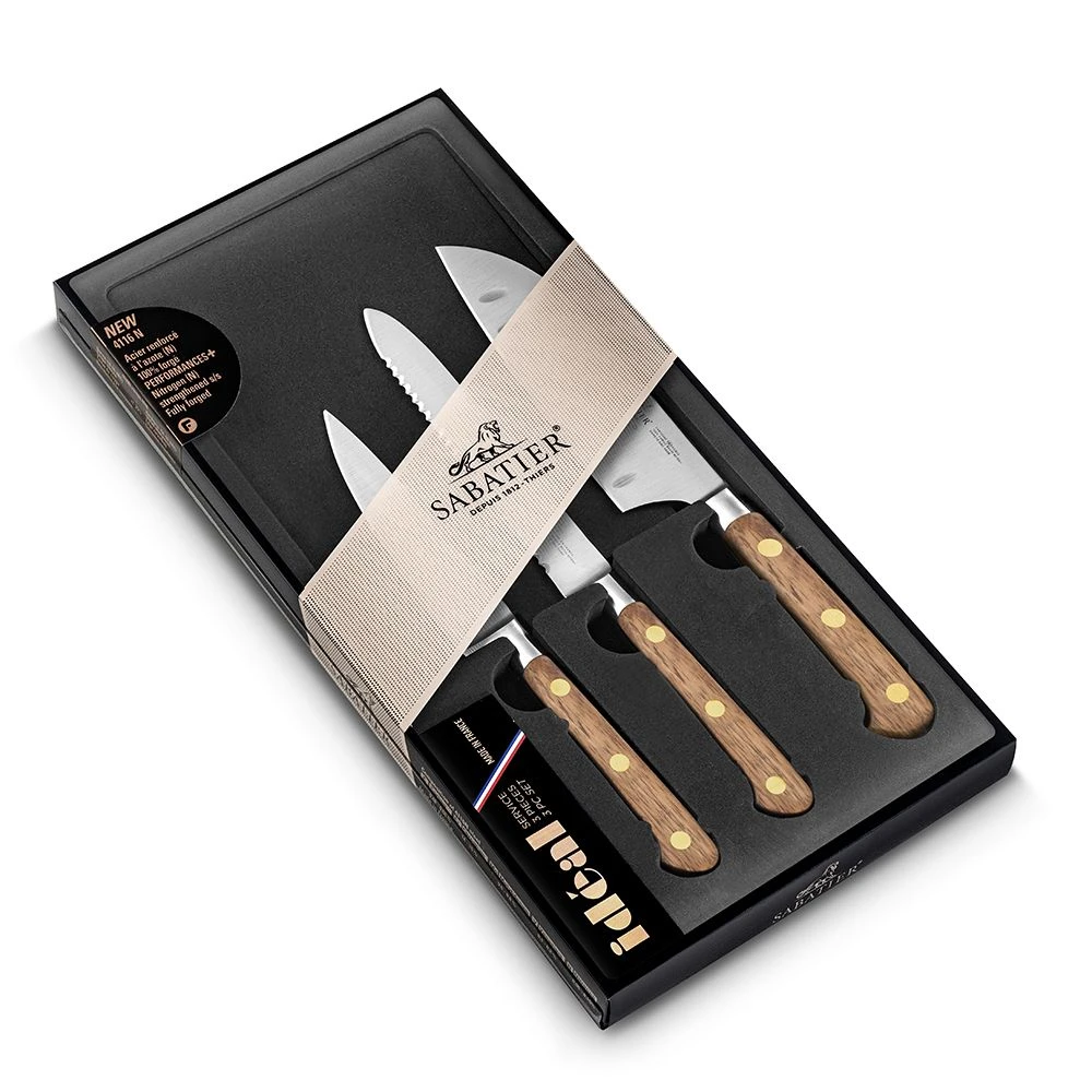 Lion SabatierĀ® Ideal Perigord 3 Piece Knife Set - 10cm Paring, 12cm Serrated Utility & 13cm Santoku Knife (Walnut Handle With Brass Rivets) - Image 4