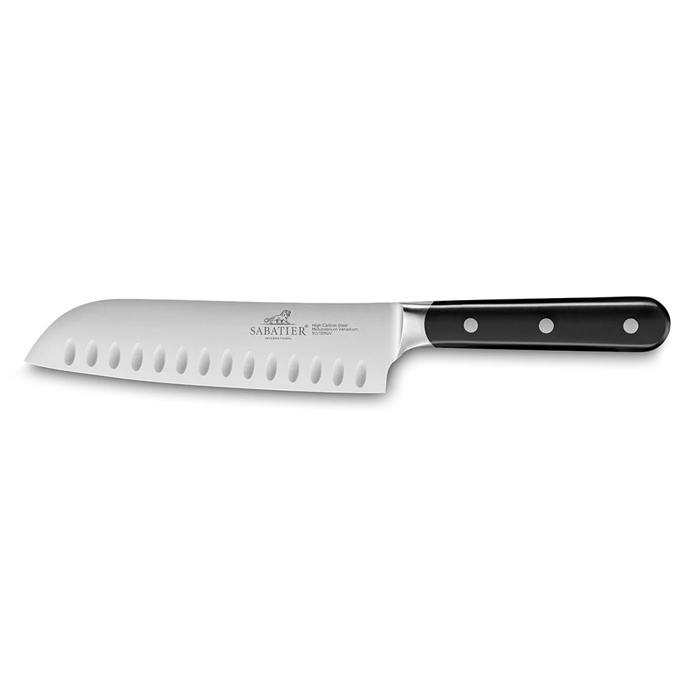 Lion SabatierĀ® Egide 18cm Scalloped Santoku Knife ((Black Handle With Stainless Steel Rivets)