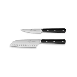 Lion SabatierĀ® Egide 2 Piece Knife Set - 9cm Paring & 13cm Santoku Knife (Black Handle With Stainless Steel Rivets)