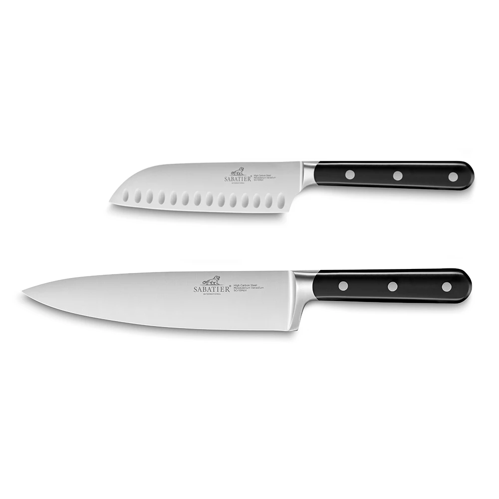 Lion SabatierĀ® Egide 2 Piece Knife Set - 13cm Santoku & 20cm Cooks Knife (Black Handle With Stainless Steel Rivets) - Image 2