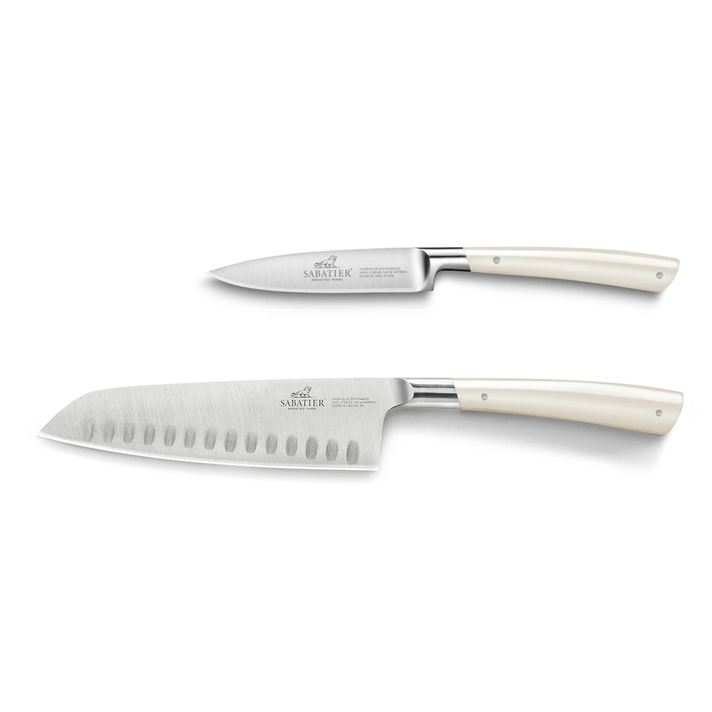 Lion SabatierĀ® Edonist Perle 2 Piece Knife Set - 10cm Paring Knife & 18cm Santoku (Pearl Handle With Stainless Steel Rivets)