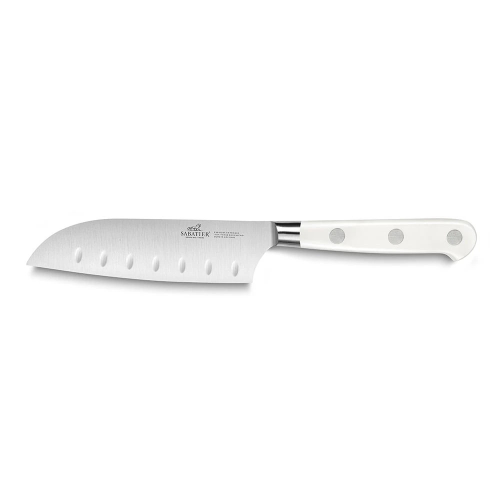 Lion SabatierĀ® Ideal Toque Blanche 13cm Scalloped Santoku Knife (White Handle With Stainless Steel Rivets)