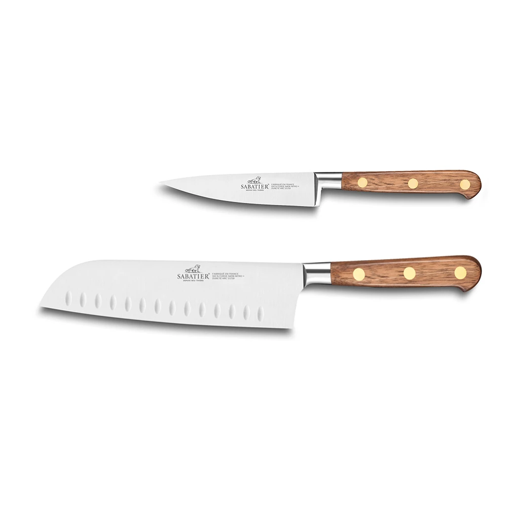 Lion SabatierĀ® Ideal Perigord 2 Piece Knife Set - 10cm Paring & 18cm Santoku Knife (Walnut Handle With Brass Rivets)