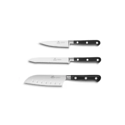 Lion SabatierĀ® Ideal 3 Piece Knife Set - 10cm Paring, 12cm Serrated Utility & 13cm Santoku Knife (Black Handle With Stainless Steel Rivets)