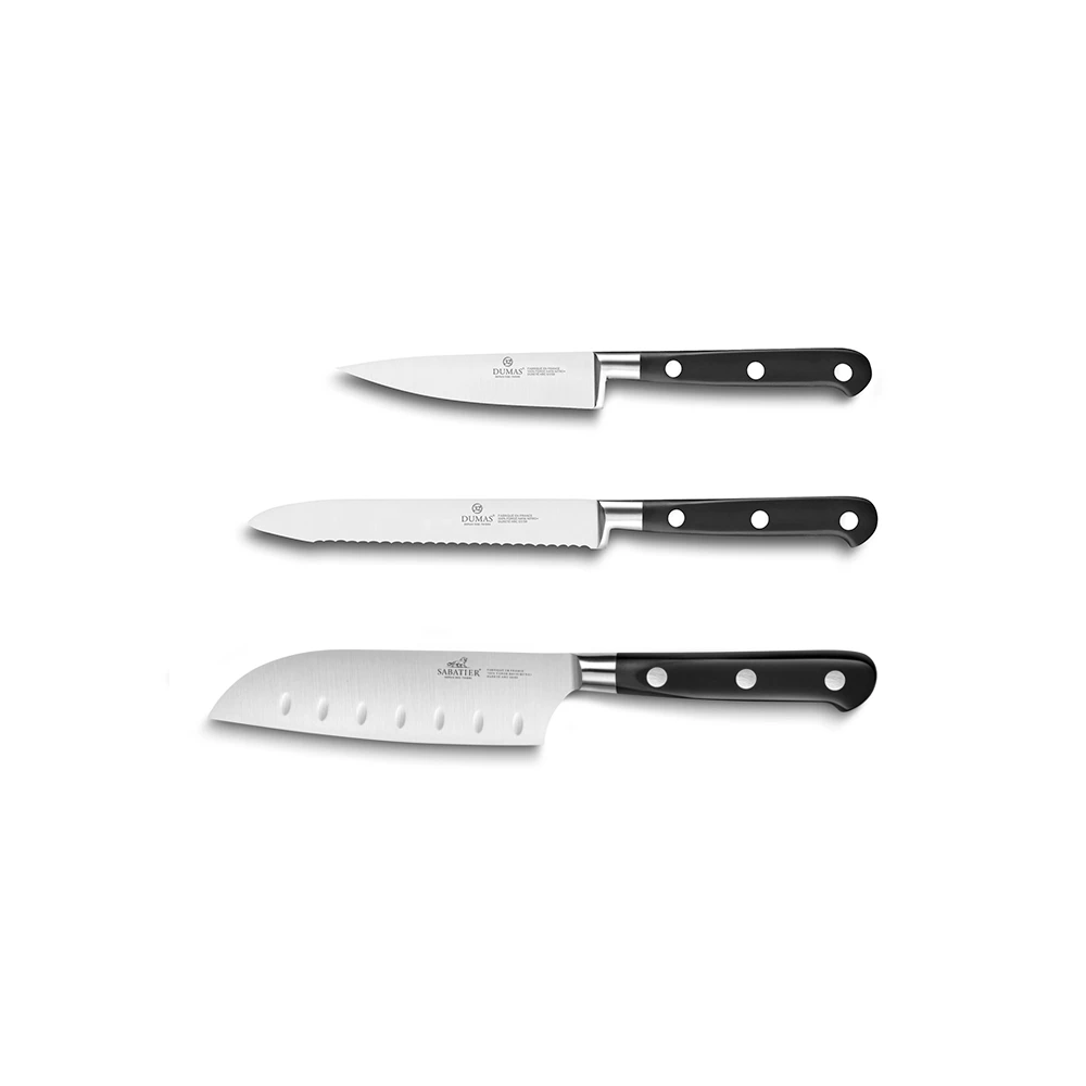Lion SabatierĀ® Ideal 3 Piece Knife Set - 10cm Paring, 12cm Serrated Utility & 13cm Santoku Knife (Black Handle With Stainless Steel Rivets)