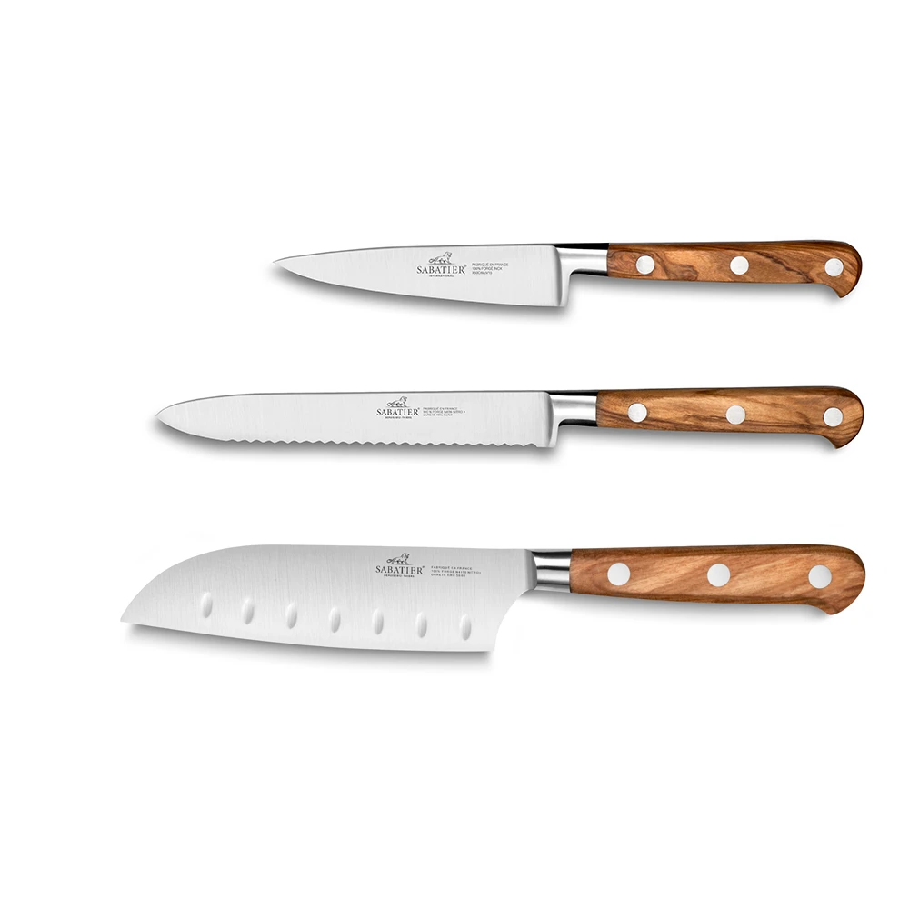 Lion SabatierĀ® Ideal Provencao 3 Piece Knife Set - 10cm Paring, 12cm Serrated Utility & 13cm Santoku Knife (Olive Handle With Stainless Steel Rivets) - Image 2