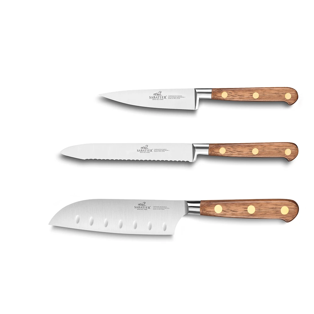 Lion SabatierĀ® Ideal Perigord 3 Piece Knife Set - 10cm Paring, 12cm Serrated Utility & 13cm Santoku Knife (Walnut Handle With Brass Rivets) - Image 2
