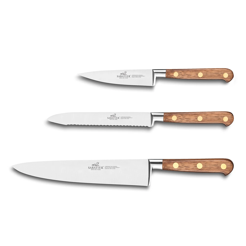 Lion SabatierĀ® Ideal Perigord 3 Piece Knife Set - 10cm Paring, 12cm Serrated Utility & 20cm Cooks Knife (Walnut Handle With Brass Rivets) - Image 2